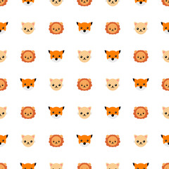 Seamless pattern with cute cat, lion and fox. Vector illustration for design, web, wrapping paper, fabric, wallpaper.