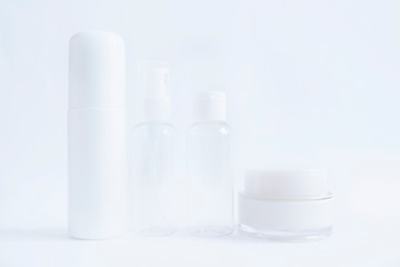 Set of empty cosmetic containers. Collection of skincare spa products. Natural beauty product concept. Closeup.