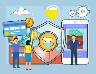 Safe, secure online cash transactions. People stand near big shield, smartphone, wallet, money, cash. Poster for web page, banner, social media, presentation. Flat vector illustration