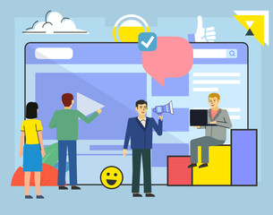 Video blog, commercial promotion in internet. People stand near video page. Poster for social media, web page, banner, presentation. Flat design vector illustration