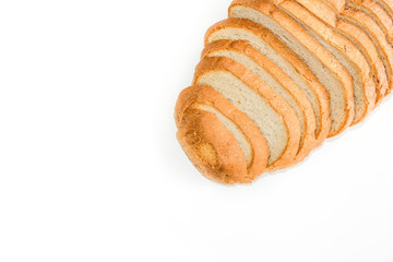  Sliced wholegrain bread on white background, closeup. Bakery, food concept. Top view with space for your text.