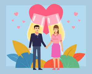 Man and woman on a date. Couple stand and hug near big champagne glasses. Poster for web design, social media, banner, presentation. Flat design vector illustration