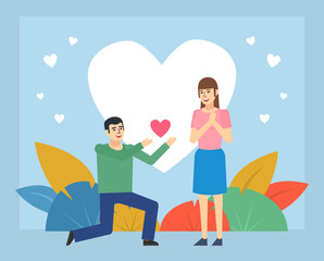 Man stands on knee and makes love confession, marriage proposal. St Valentine's greeting card. Poster for web page, banner, social media, presentation. Flat design vector illustration