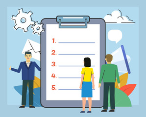 To-do list, planning concept. People stand near document, to do list. Poster for web page, banner, social media, presentation. Flat design vector illustration