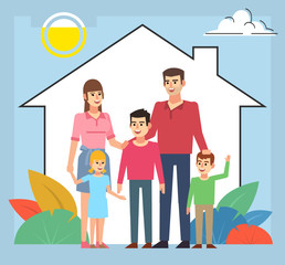 Happy family stand in front of house sign. Home, family, security, safety concept. Poster for web page, banner, social media, presentation. Flat design vector illustration