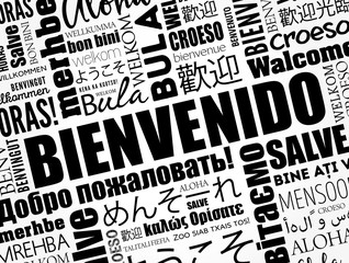 Bienvenido (Welcome in Spanish) word cloud collage in different languages