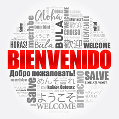 Bienvenido (Welcome in Spanish) word cloud collage in different languages