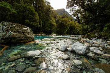 Breathtaking scene with rocks and green trees forest background along clear blue water creek.