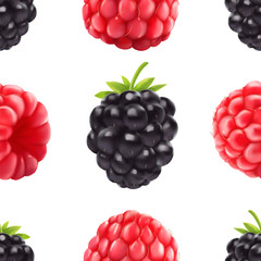 Blackberries and raspberries seamless pattern. 3d realistic berries.