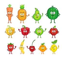 Fotobehang Set of diverse fruit and vegetable cartoon characters. Cheerful carrot, pineapple, apple, banana, strawberry, orange, lemon, watermelon, cherry and other characters. Simple style vector illustration © paper_owl