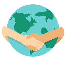 businessmen shaking hands around the globe