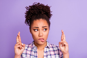 Close up photo of anxious beautiful college lady expect test result want high mark learning concept...