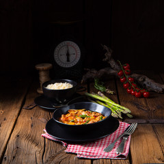colorful turkey fricassee with asparagus and paprika