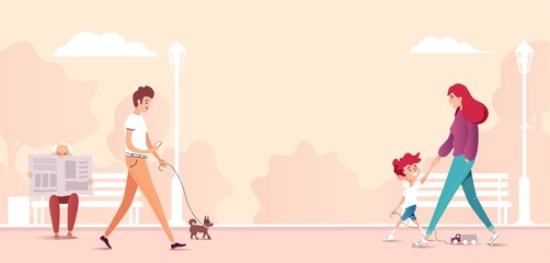 Vector illustration of people walking and relaxing in public park.