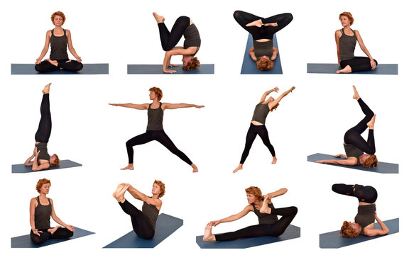 Collage of pictures with the woman in different yoga poses isolated on the white background