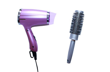  Professional hairdresser tools on white background.Pink hair dryer and brush. Beauty salon.