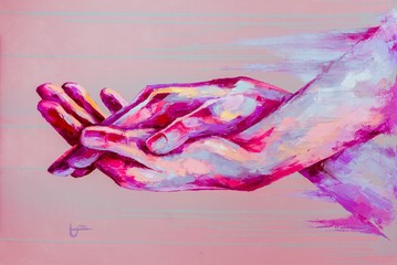 “Support” - oil painting. Conceptual abstract picture of holding hands. The background is painted with acrylic with smudges. Conceptual abstract closeup of an oil painting and palette knife on canvas. - obrazy, fototapety, plakaty