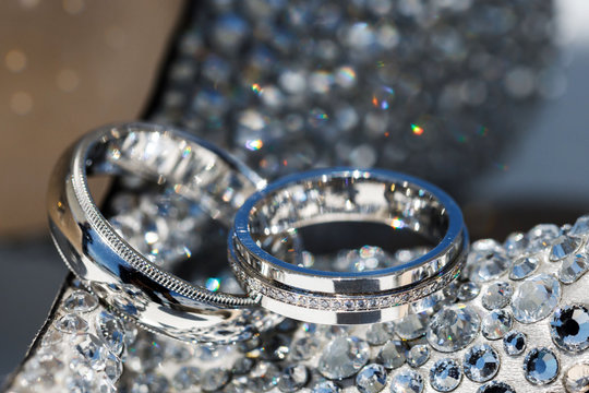 Luxury bridal wedding rings for bride and groom. Preparing for a wedding