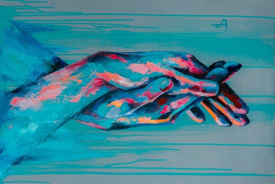 “Support” - oil painting. Conceptual abstract picture of holding hands. The background is painted with acrylic with smudges. Conceptual abstract closeup of an oil painting and palette knife on canvas.