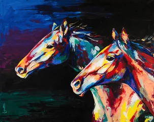 Papier Peint photo Chevaux Tableau portrait de cheval à l& 39 huile dans des tons multicolores. Peinture abstraite conceptuelle d& 39 un cheval. Gros plan d& 39 une peinture à l& 39 huile et au couteau sur toile.