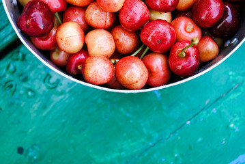 Ripe juicy sweet cherries close-up in a bowl
