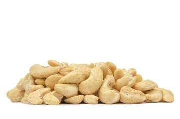 Cashew isolated on white background. Heap of nuts Cashew without shell close-up. Nuts collection