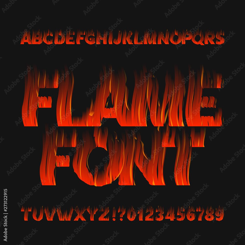 Fototapete flame alphabet font. fire effect type letters and numbers on dark background. stock vector typeface 
