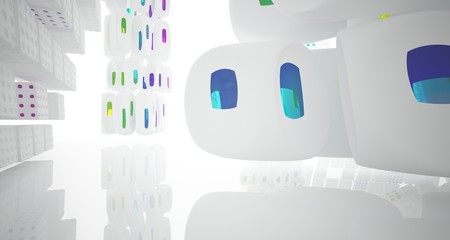 Abstract white and colored gradient glasses interior multilevel public space with window. 3D illustration and rendering.
