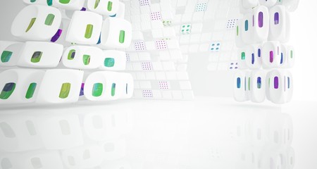 Abstract white and colored gradient glasses interior multilevel public space with window. 3D illustration and rendering.