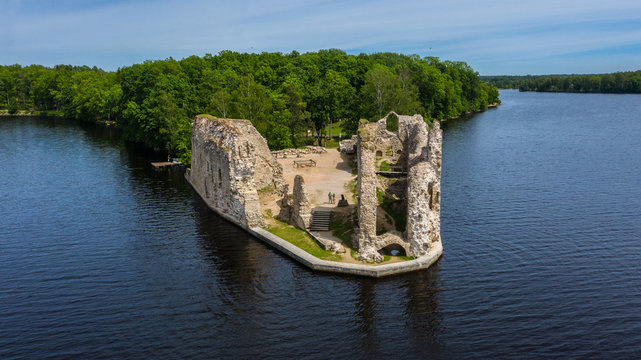 Aerial view of an old stone castle ruins in Koknese, Latvia. Summer  2019.