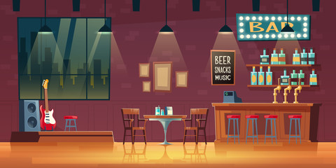 Music bar, pub cartoon vector empty interior with illuminated signboard, stools near bar counter, shelves with alcohol drinks bottles, table and chairs, stage for live music performances illustration
