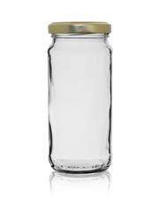 the empty glass jar closed by a metal cover with reflection, isolated on a white background