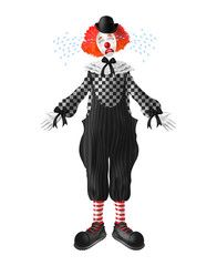Crying red-hair clown with tears squirting from eyes, red nose and makeup on face, wearing bowler hat, checkered shirt, wide-leg pants and boots realistic vector character isolated on white background