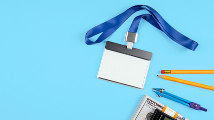 White empty staff identity mockup. Name tag, ID card. Minimal work space, flat lay photo of workspace desk