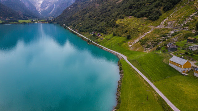 Aerial view of a road (Fv724) on the side of Oldevatnet lake, in Norway