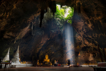 Khao Luang Cave has sunlight in the cave very beautiful and popular pray for  in Phetchaburi, Phetchaburi, Unseen thailand.