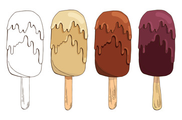 Set of vector hand drawn ice creams. Eskimo pie isolated on white background. Colored and Contour Sketch Images. Summer linear design. Pack of chocolate ice cream. Ice lolly. Popsicle cake.