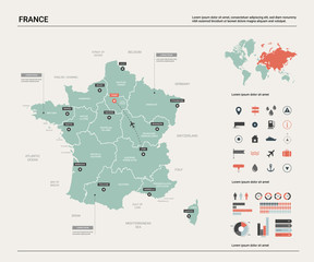 Vector map of France. Country map with division, cities and capital Paris. Political map,  world map, infographic elements. - obrazy, fototapety, plakaty