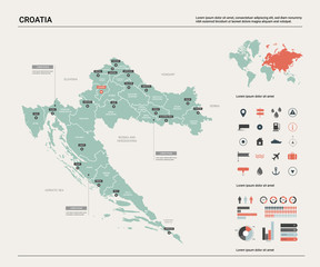 Vector map of Croatia. Country map with division, cities and capital Zagreb. Political map,  world map, infographic elements.