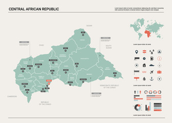 Vector map of Central African Republic. Country map with division, cities and capital Bangui. Political map,  world map, infographic elements.