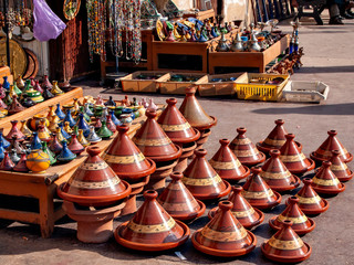 Tajine pots at street shop in Marrakech, Morocco