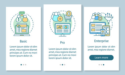 Digital marketing tools subscription onboarding mobile app page screen with linear concepts