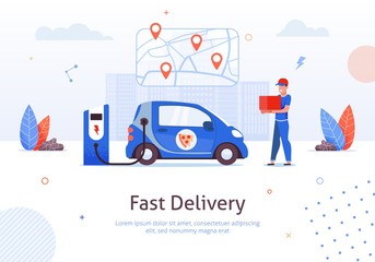 Fototapeta na wymiar Fast Delivery. Man Pizza Box Electric Car Charging