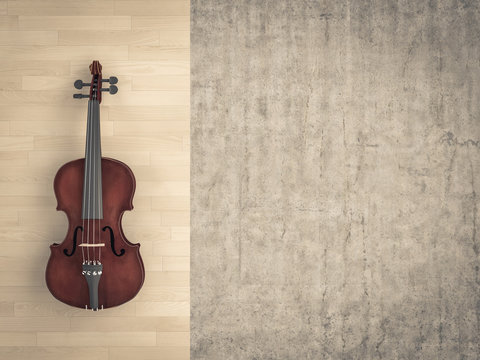 classical violin on wooden background and raw cement.