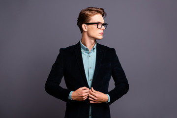 Close up photo amazing he him his guy macho perfect appearance hairstyle look side empty space reliable person fingers arm hand button up formal-wear shirt velvet jacket isolated grey background