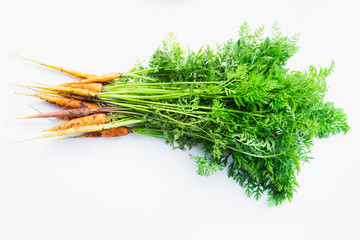 Fresh organic carrots with greens, top view