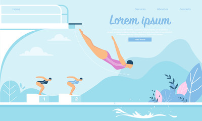 Swimming Competition, Sportswomen Jumping in Water