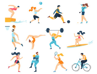Professional Sport Activities. Men Women Sportsmen - obrazy, fototapety, plakaty