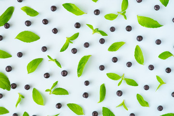 Mint and blueberry patterned over blue background, top view