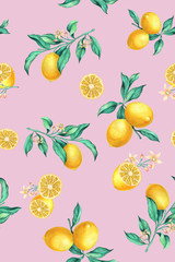 Fototapeta premium seamless hand painted botanical lemon branches with flowers pattern. Lemons, yellow fruit, citrus. Multicolor allover design. Summer mood.